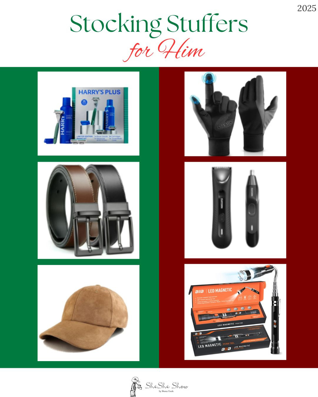  
What to buy for a man? Great stocking stuffer ideas Gloves, razor, hair cutter, men’s belts, tool magnet
 