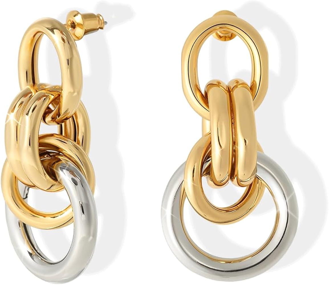 Chunky Two Tone Stud Earrings for Women - 18k Gold Plated Mixed Metal Thick Hoops Chain Earings H... | Amazon (US)