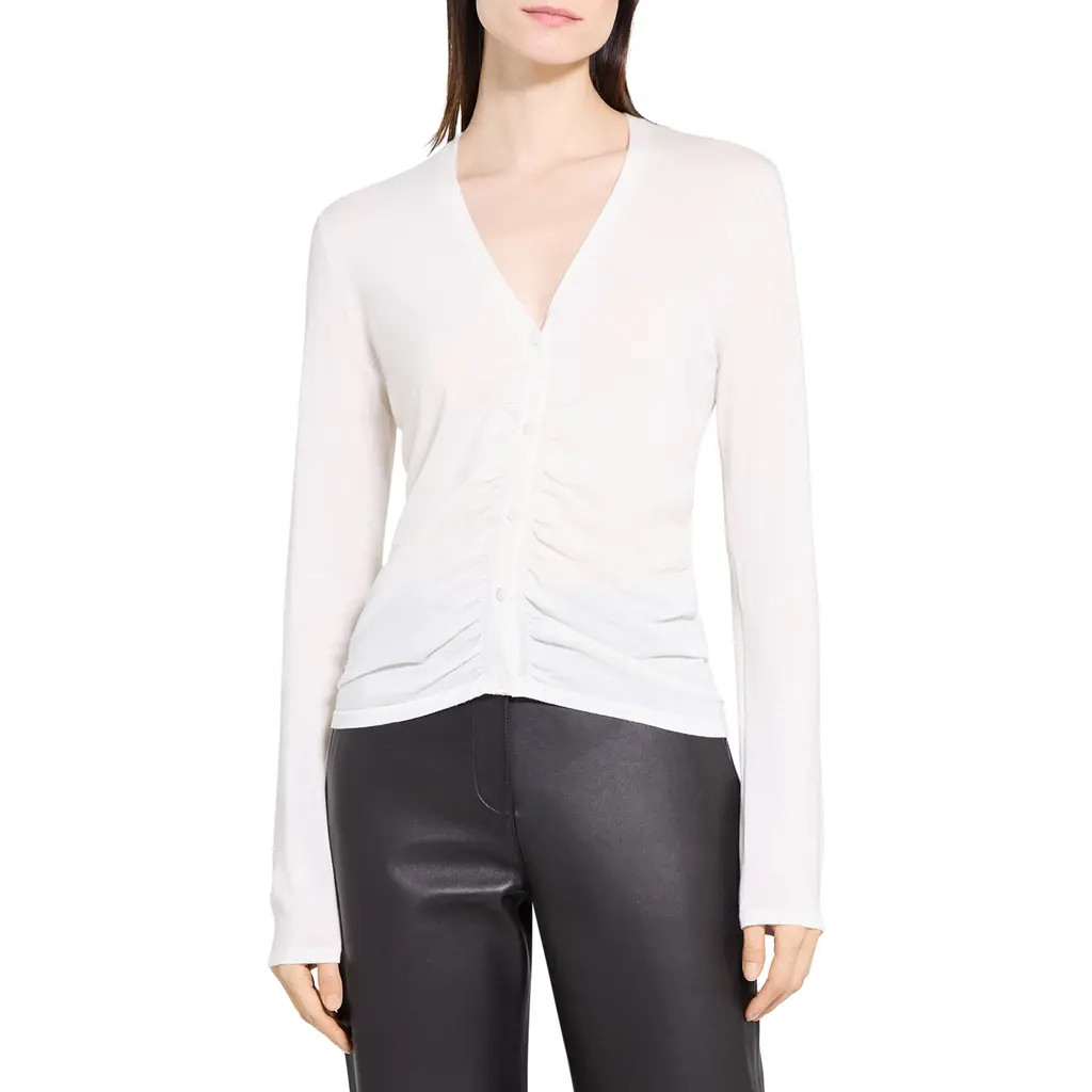 Theory Shirred Merino Wool Cardigan in New Ivory at Nordstrom, Size Large | Nordstrom