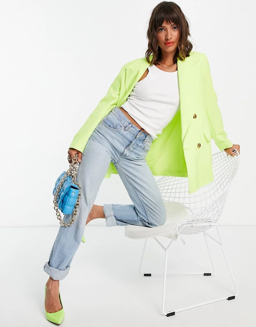 Topshop double breasted bold shoulder blazer in neon yellow | ASOS (Global)