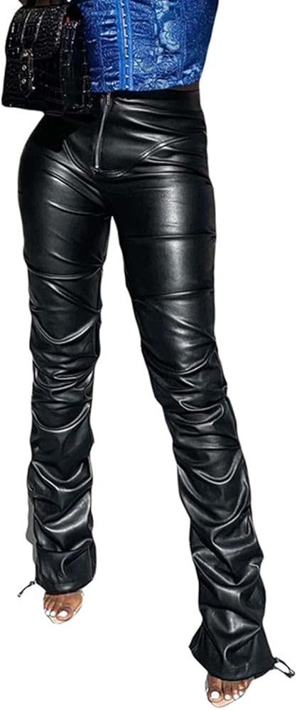 Sumleno High Waist Stacked Pants for Women Faux Leather Ruffle Ruched Leggings Y2k Black Pleated ... | Amazon (US)