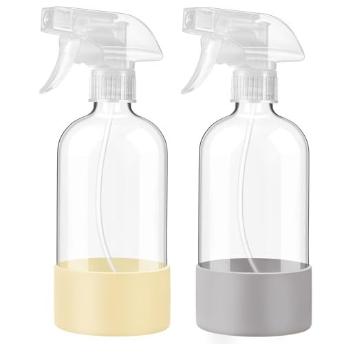 JohnBee Glass Spray Bottles with Silicone Sleeve, 2 Pack16 oz Empty Refillable Containers with Adjustable Spray Nozzles, Spray Bottles for Hair, Cleaning Solutions and Plants Pale Yellow&Grey | Amazon (US)