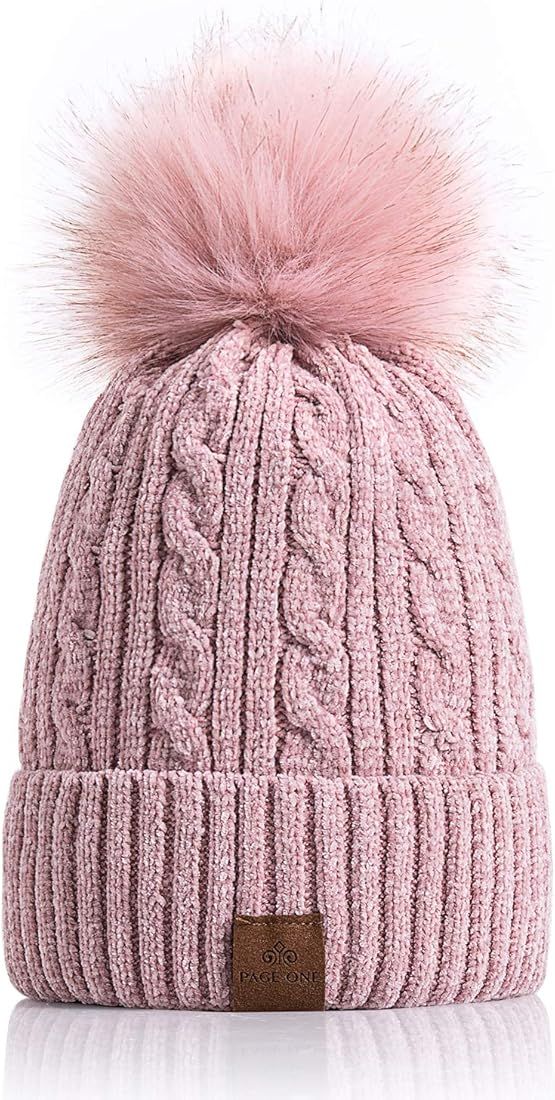 PAGE ONE Women Winter Pom Pom Beanie Hats Warm Fleece Lined,Chunky Trendy Cute Chenille Knit Twis... | Amazon (US)