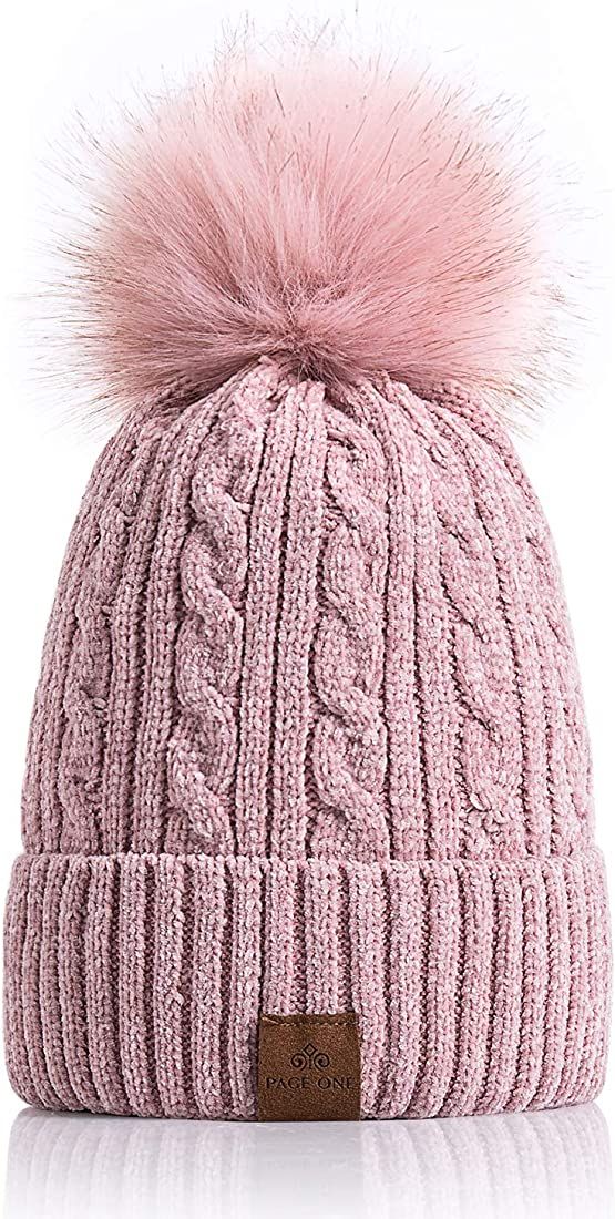 PAGE ONE Women Winter Pom Pom Beanie Hats Warm Fleece Lined,Chunky Trendy Cute Chenille Knit Twis... | Amazon (US)