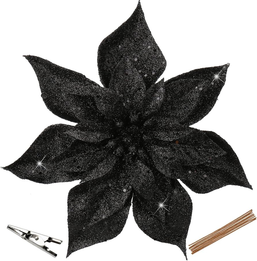 Briful 9'' Poinsettia Christmas Flowers 8PCS Black Glitter Floral Picks Large Xmas Ornament Flowe... | Amazon (US)