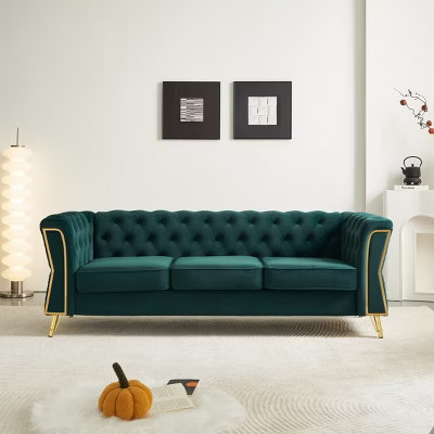 Mid-Century Modern Green Velvet Tuxedo Sofa, 3-Seater Tufted Couch with Gold Metal Legs and Diamond Stitching for Living Room, Reception - Panipeachy | Target