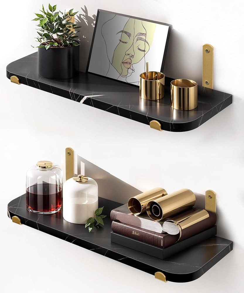 Floating Shelves for Wall Set of 2 Gold Black Floating Shelves Wall Mount Wood Storage Organzier ... | Amazon (US)