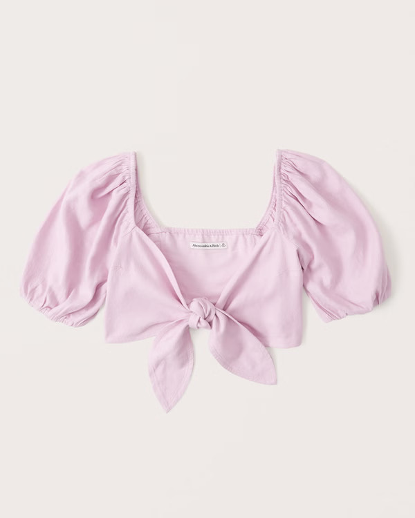 Women's Tie-Front Linen-Blend Puff Sleeve Top | Women's Matching Sets | Abercrombie.com | Abercrombie & Fitch (US)
