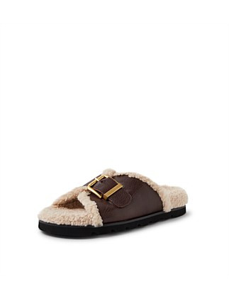 Mollini Esme Dark Brown Natural Leather Shearling Slides | David Jones | David Jones (Australia & New Zealand)