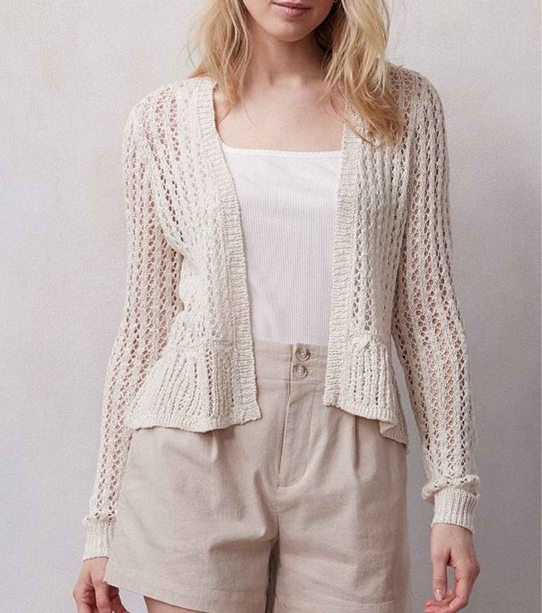 LC Lauren Conrad flounce ruffle cardigan in ‘fusilli’ from kohls 
Oyster 
House of colour / Autumn 

#LTKWorkwear #LTKStyleTip #LTKSummerSales