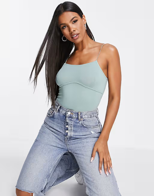 ASOS DESIGN cami bodysuit with corset bust seams in sage | ASOS (Global)