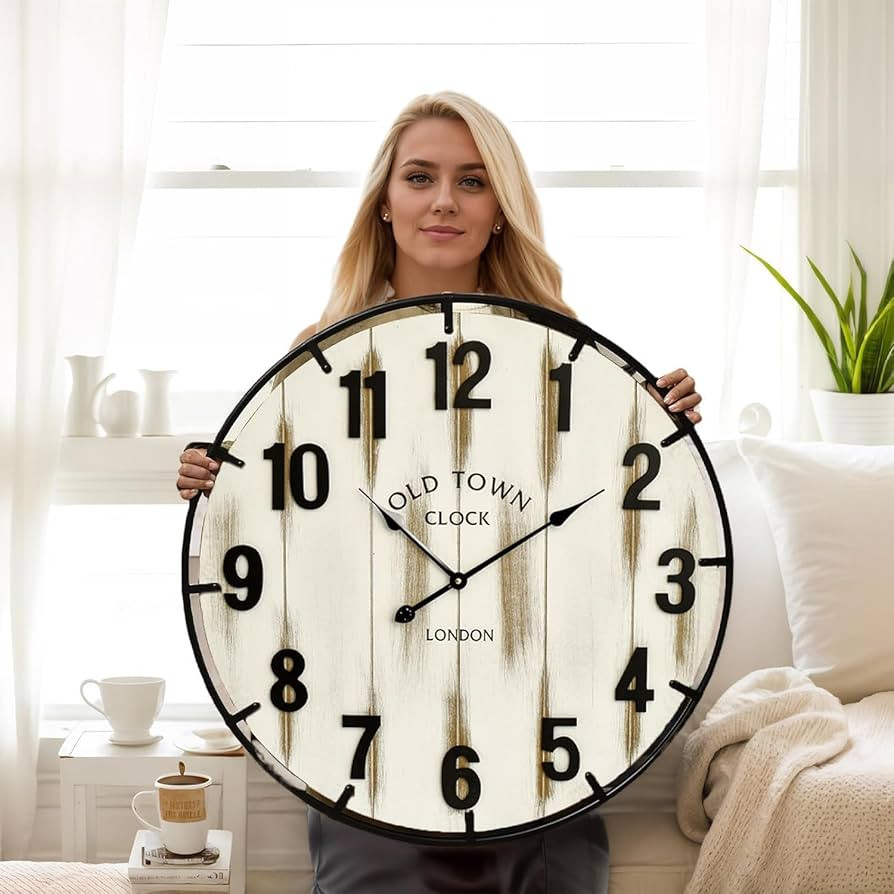 EMAX HOME Farmhouse White 30 Inch Wooden Large Wall Clock, Silent Non-Ticking Quartz Movement, Ba... | Amazon (US)