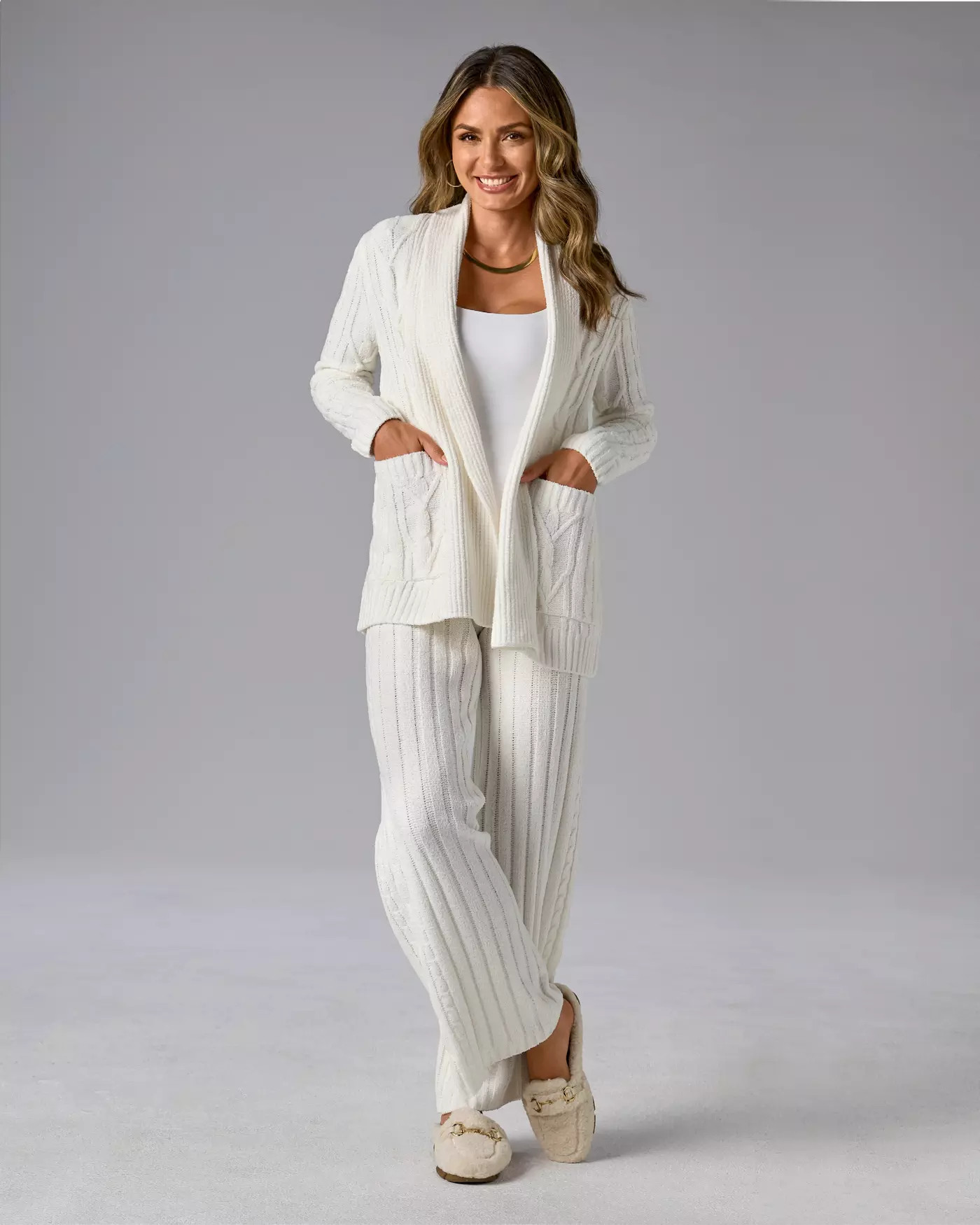 Cable Cardigan Wide Leg Lounge Set - Off White | Boston Proper | Boston Proper