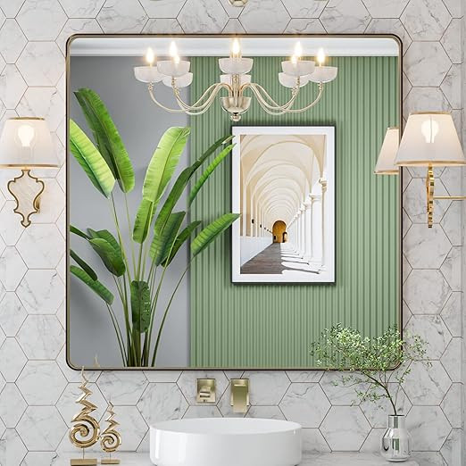 LOAAO 36X36 Inch Silver Bathroom Mirror, Rounded Rectangle Silver Metal Frame Mirror, Brushed Nic... | Amazon (US)