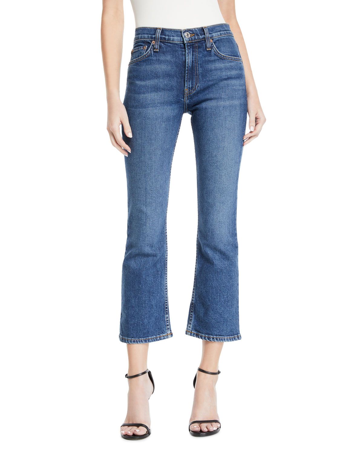Mid-Rise Cropped Kick Flare Stretch-Denim Jeans | Neiman Marcus