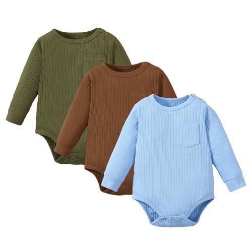 ROMPERINBOX Newborn Onsies Boy Girl 3 Pack Rib Knit Baby Bodysuit Solid Color with Pocket Long Sleeve for Unisex (Green/Brown/Blue L, 0-3 Months) | Amazon (US)