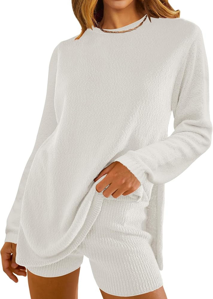 NENONA Women's 2024 Casual Two Piece Knit Outfits Long Sleeve Tunic Sweaters Top and Shorts Loung... | Amazon (US)