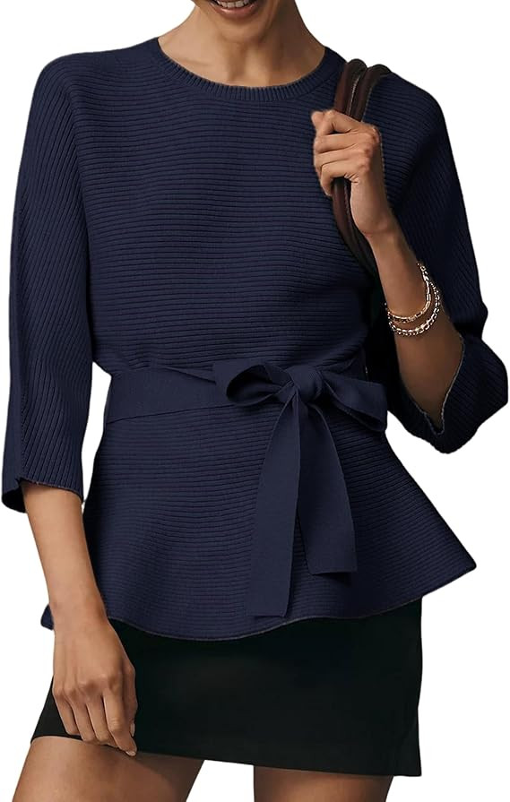 Huaqiao Womens Pullover Ribbed Sweaters 3/4 Sleeves Belted Lace up Knit Tops Crew Neck Casual Fal... | Amazon (US)