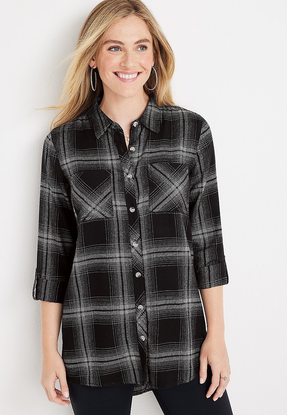 Cabin Plaid High Low Tunic Button Down Shirt | Maurices