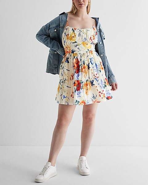Floral Ruched Tiered Poplin Mini Dress | Express