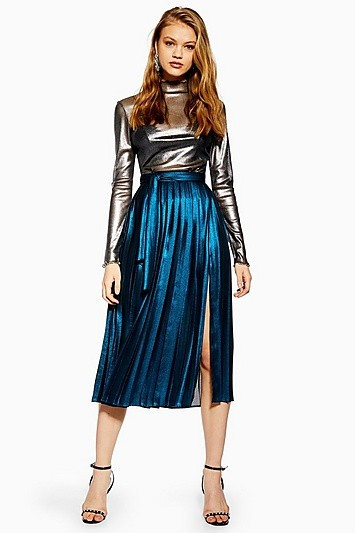 MeTallic Pleat Midi Skirt - Blue | Topshop US