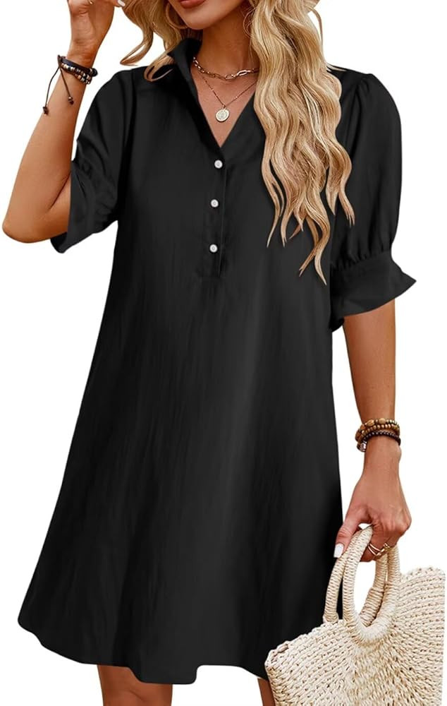 Womens Summer Shirt Dress 2026 Casual Ruffle Short Sleeve Button Down Flowy Swing Shift Mini Dres... | Amazon (US)