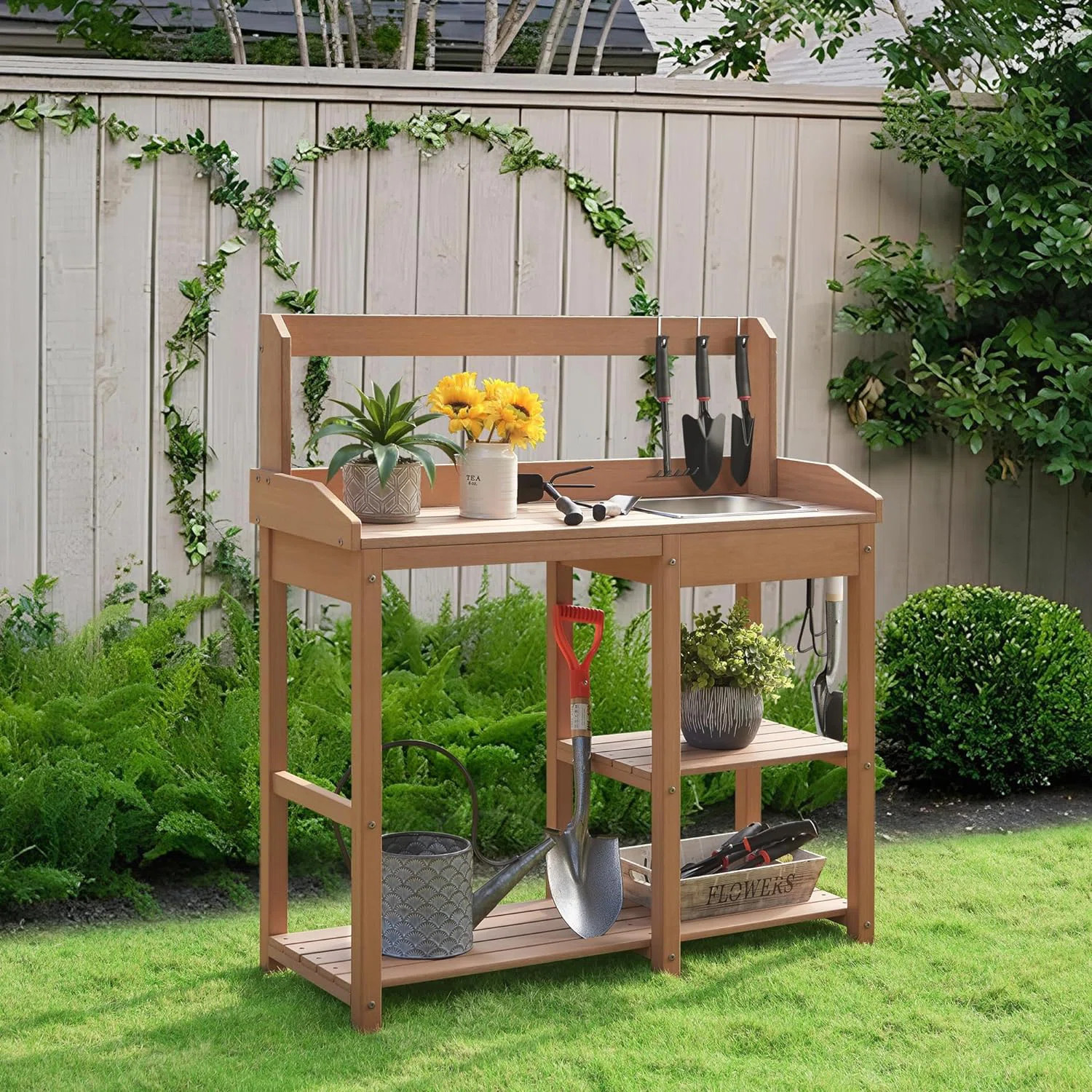 Tamiya Polystyrene Potting Bench Outdoor Garden Potting Tables with Stainless Steel Sink and Open... | Wayfair North America