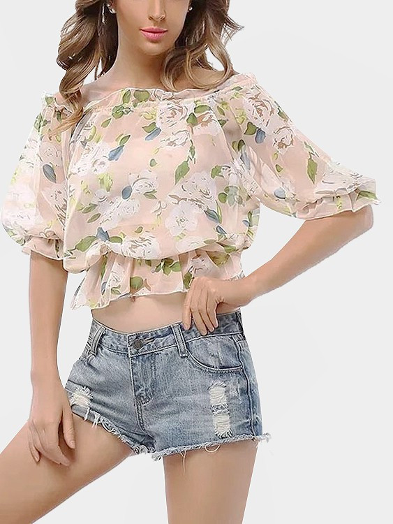 Sweet Off-the-shoulder Random Floral Print Chiffon Crop Top | Yoins US