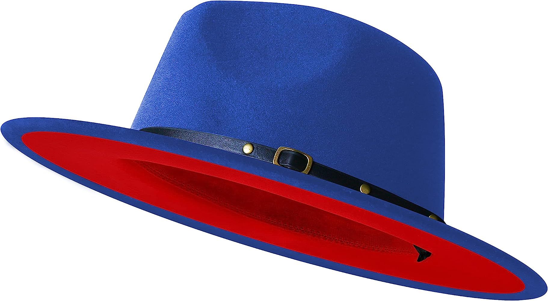 Women's Wide Brim Classic Felt Fedora Hat with Belt Buckle Men Patchwork Leather Band Panama Tril... | Amazon (US)