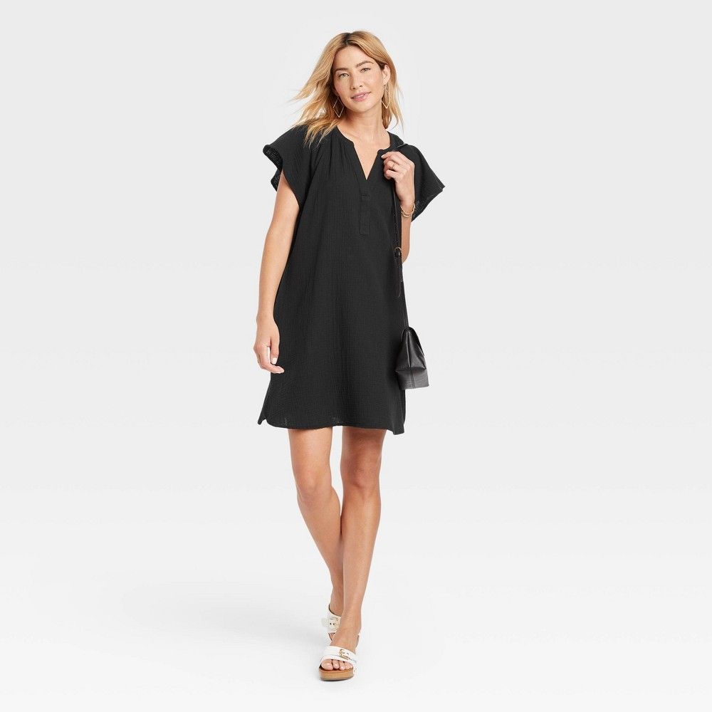 Women's Flutter Short Sleeve Woven Dress - Universal Thread Black XL | Target