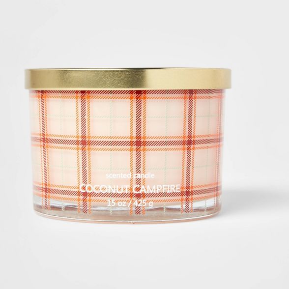15oz Lidded Glass Jar Plaid 3-Wick Coconut Campfire Candle - Opalhouse™ | Target