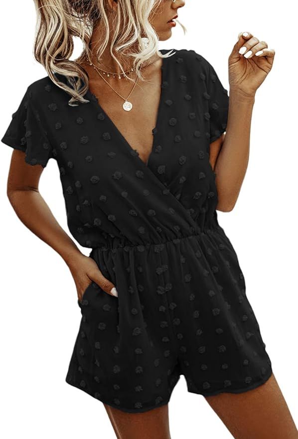 BTFBM Women Fashion Wrap V-Neck Swiss Dot Print Short Sleeve Elastic Waist Plain Summer Pockets S... | Amazon (US)