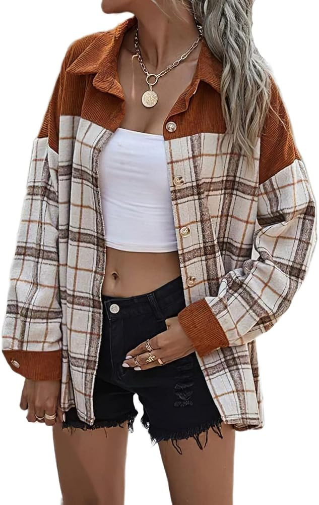 TIAFORD Plaid Corduroy Jacket Women Plaid Corduroy Shirts Button Down Long Sleeve Lapel Blouses Tops | Amazon (US)