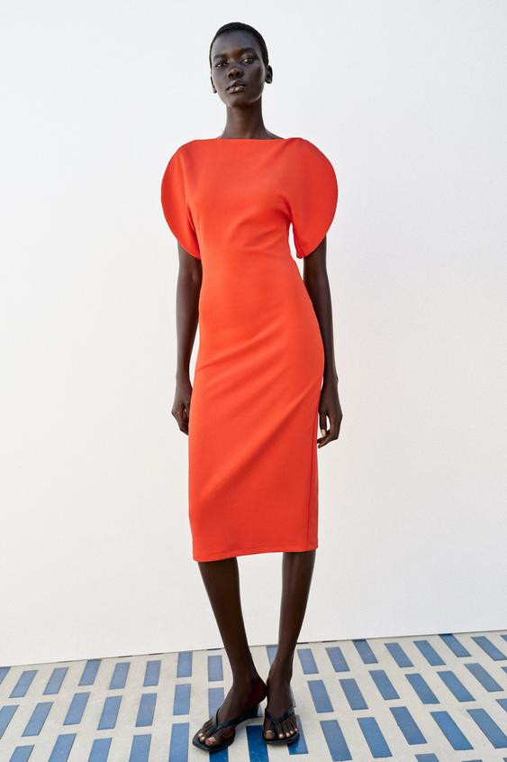 Zara - Voluminous Midi Dress - Orange - S - Woman | Zara UK