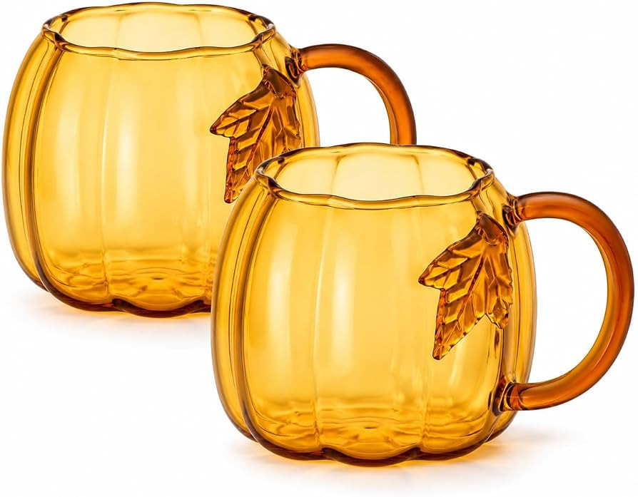 Pumpkin Glass Cup, 18.6 Oz Hand Blown Glass Pumpkin Mug with Handle (Gold) | Amazon (US)