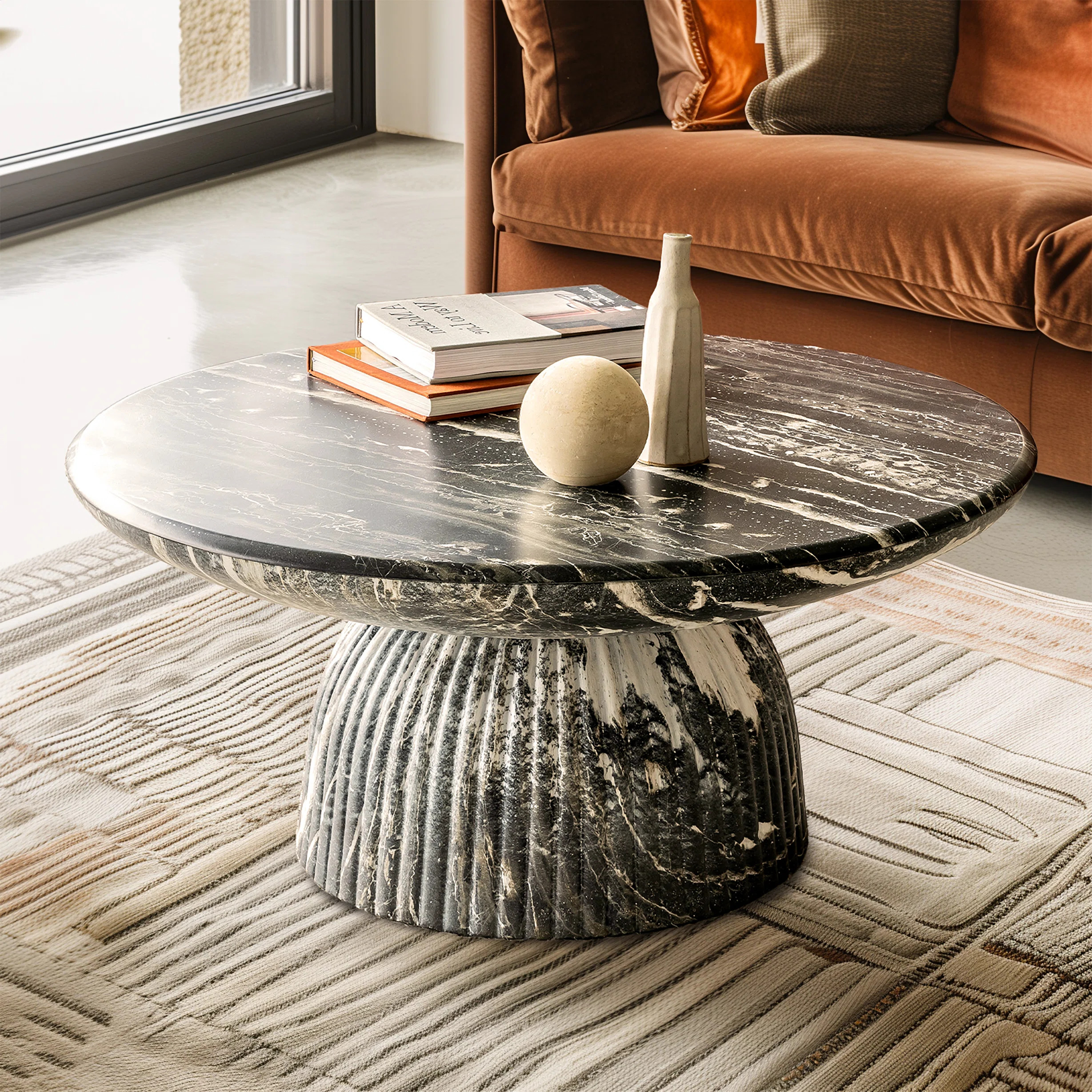 Tithi Single Round Coffee Table with Stone Effect for Indoor Outdoor Use and Contemporary Style | Wayfair North America