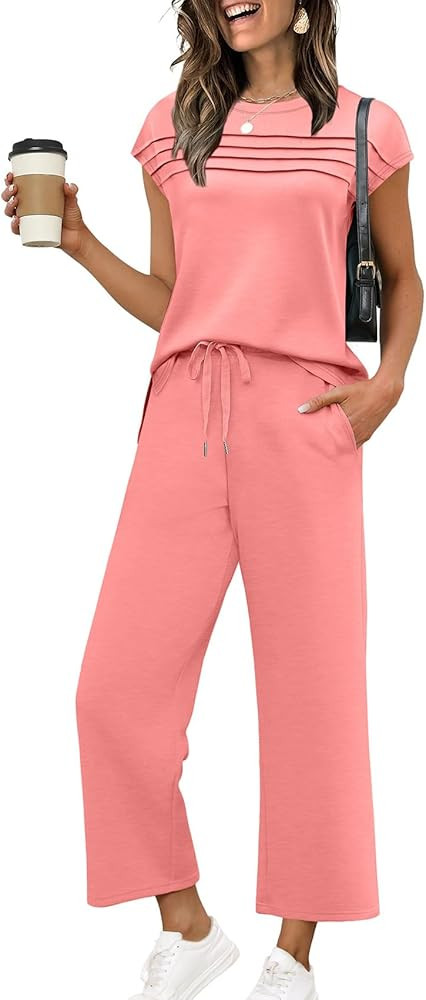 WIHOLL Two Piece Sets for Women Summer Travel Vacation Outfits Cap Sleeve Lounge Matching Sets Wi... | Amazon (US)