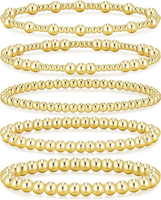 Dodder Gold Beaded Bracelet for Women, 14K Gold Plated Strand Stretch Bracelet Stack, Elastic Bea... | Amazon (US)