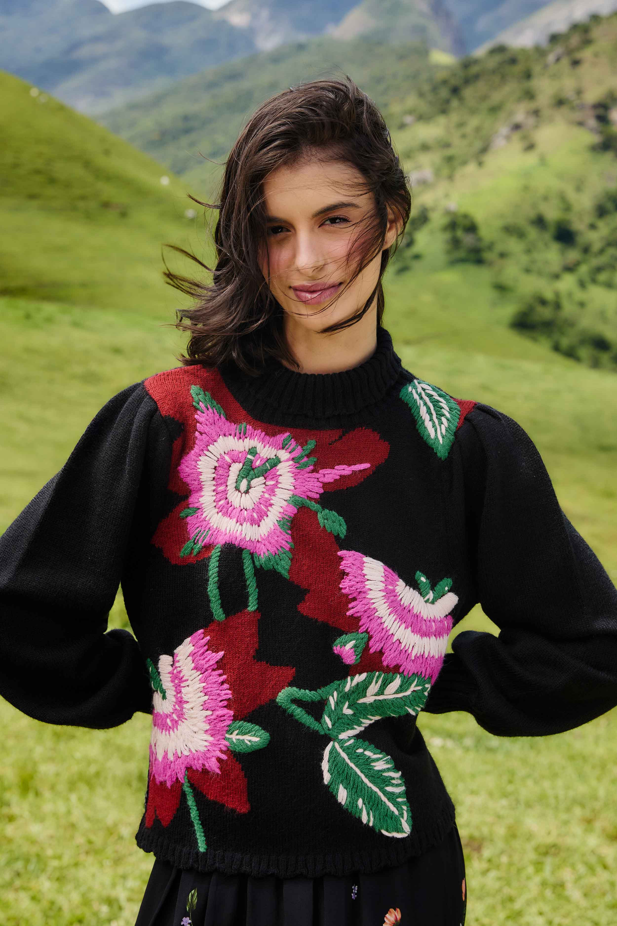 Black Bold Colorful Flower Embroidered Knit Sweater | FARM Rio | FarmRio (US)