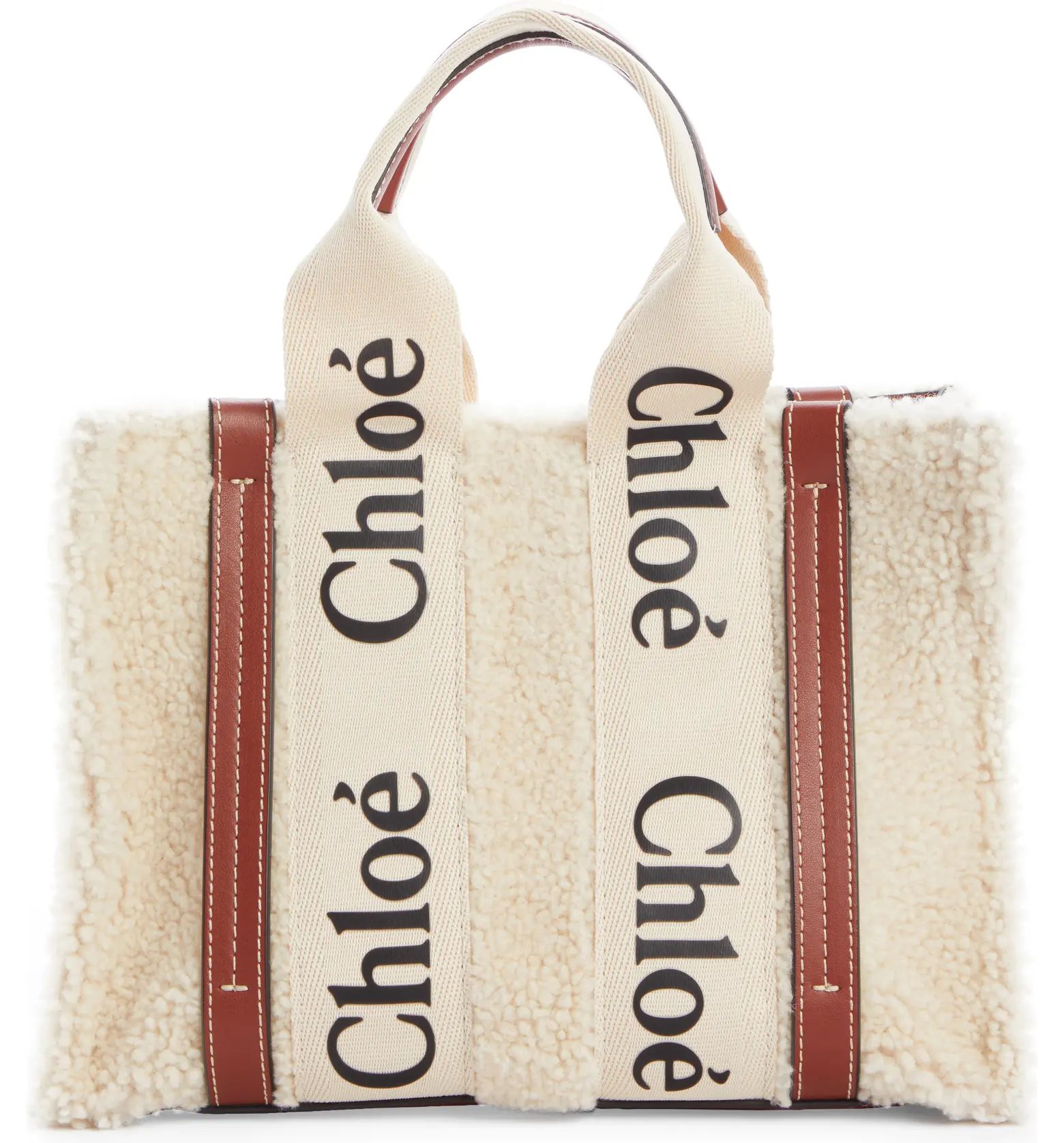 Small Woody Logo Strap Genuine Shearling Tote | Nordstrom