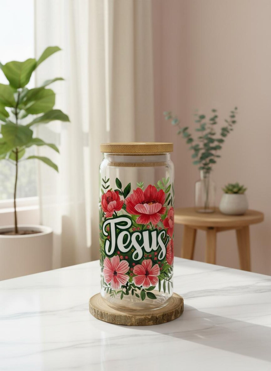 Jesus Floral Glass Cup With Bamboo Lid & Straw - Etsy | Etsy (US)