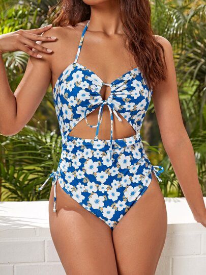 Allover Floral Print Drawstring Side Halter One Piece Swimsuit | SHEIN