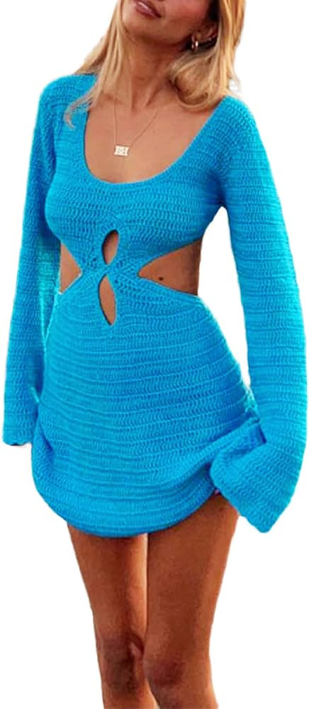 Yuemengxuan Women Crochet Knitted Cover up Dress Hollow Out See Through Knit Mini Dress Sexy Back... | Amazon (US)