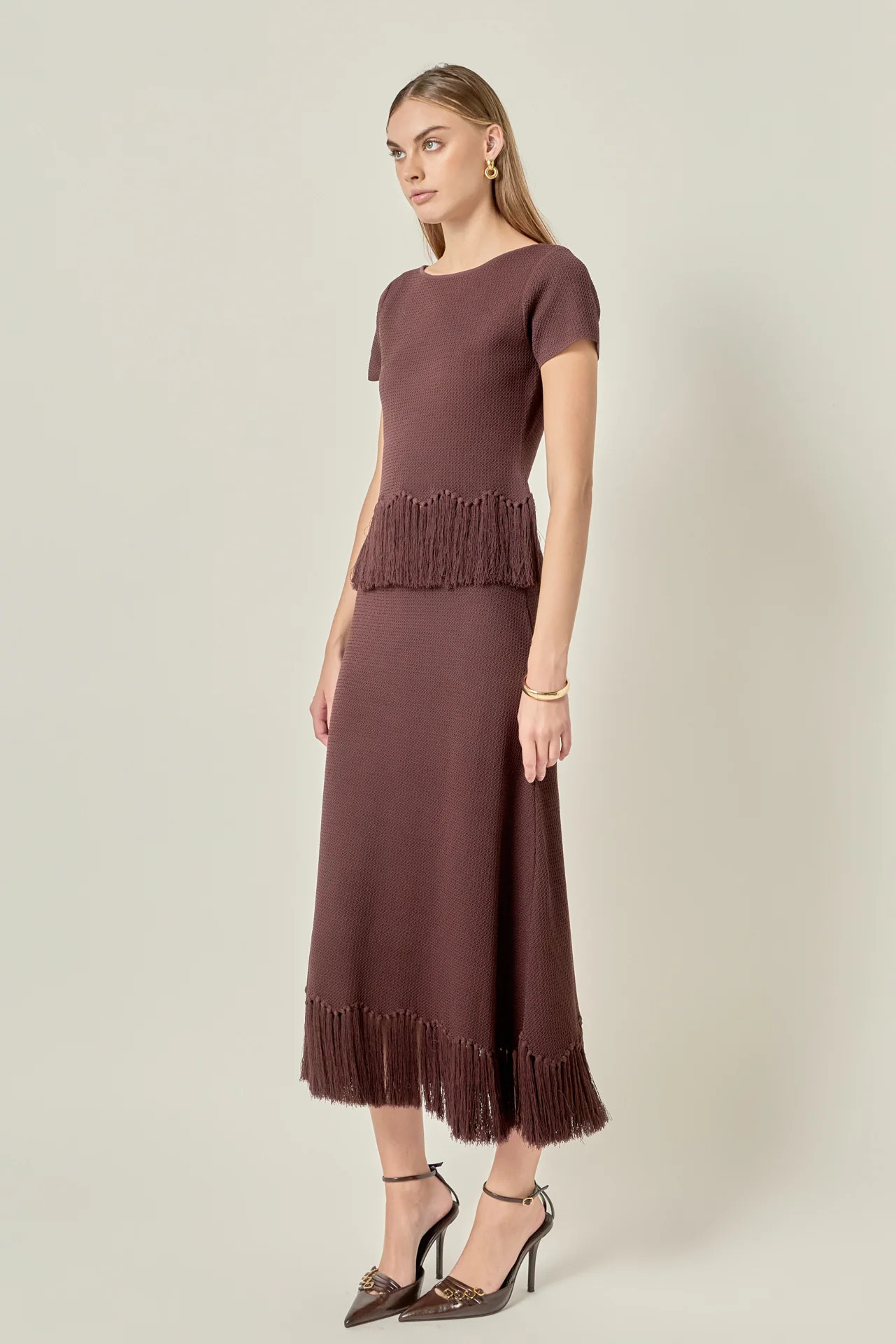 Fringe Hem Knit Midi Skirt CHOCOLATE BROWN / M | English Factory