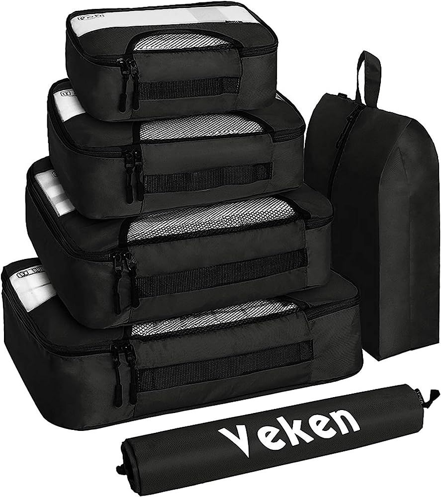 Veken 6 Set Packing Cubes, Travel Luggage Organizers with Laundry Bag & Shoe Bag (Black) | Amazon (US)
