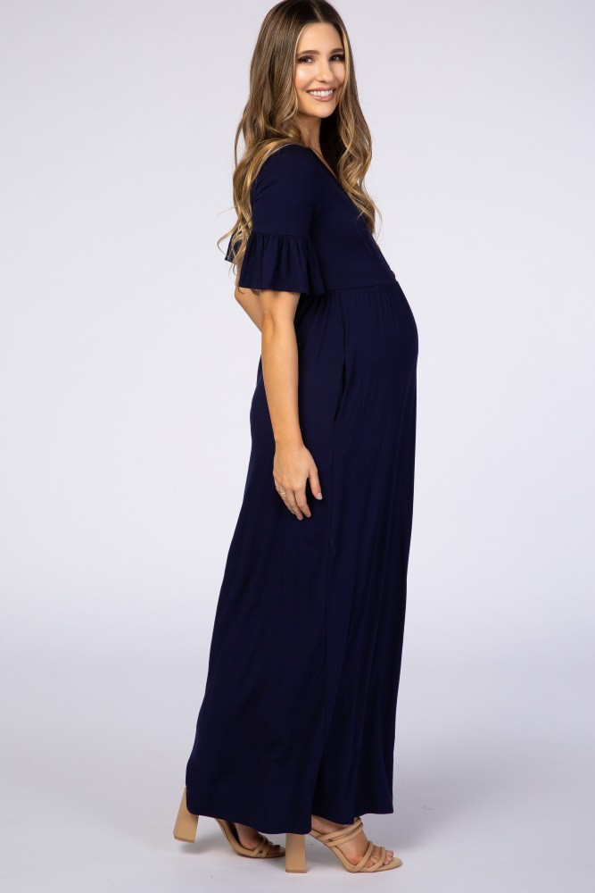 Navy Blue Button Ruffle Sleeve Maternity Maxi Dress | PinkBlush Maternity