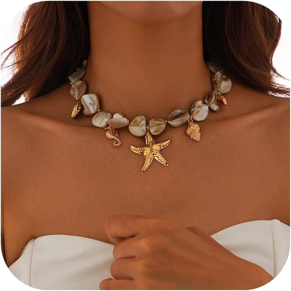 Starfish Shell Necklaces for Women Trendy Summer Boho Seashell Pendant Beach Necklace Gold Charm ... | Amazon (US)