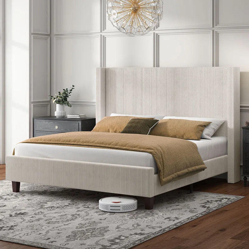 Wauseon Upholstered Bed, Corduroy/Solid Wood Leg/No Box Spring Needed/Noise Free | Wayfair North America