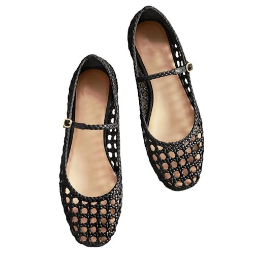 Molozoey Woven Mesh Ballet Flats for Women with Metal Buckle Strap Ballerina Flat Shoes Comfortable Round Toe Mary Jane Flat Black. | Amazon (US)
