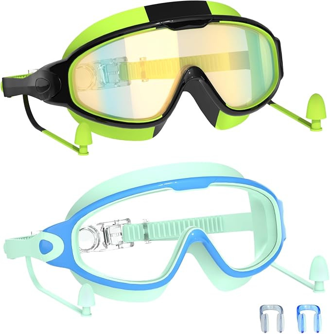Swim Goggles for Kids 3-15 with Earplugs Large Frame Anti-Fog/UV Swimming Goggles for Boys Girls ... | Amazon (US)